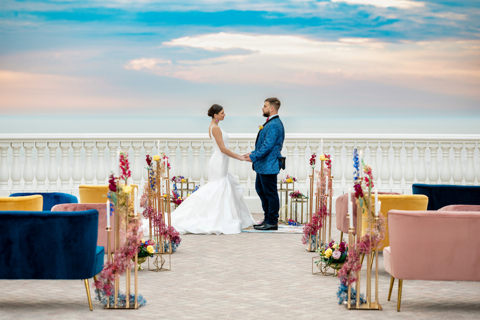 Vibrant Colorful Upholstered Lounge Furniture Wedding Ceremony Seating Ideas | Rooftop Waterfront Wedding Ceremony | Rental Gabro Event Services | Tampa Bay Venue Hyatt Clearwater Beach | Planner Eventfull Weddings