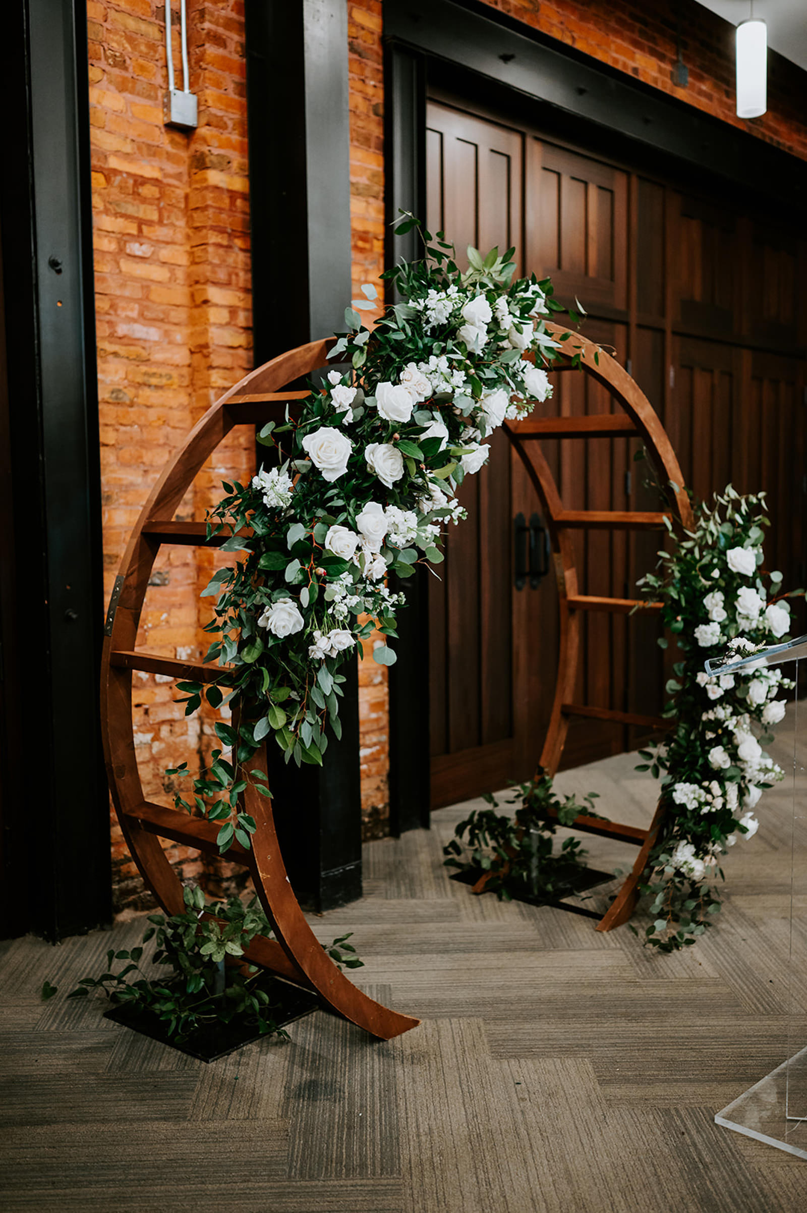 Round Wooden Wedding Arch Ideas | Classic White Rose and Greenery Flower Arrangement Inspiration
