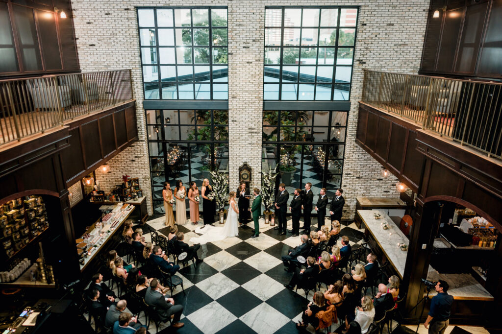 Modern Timeless Indoor Wedding Ceremony on Checkered Floor with Minimalistic Design Details | South Tampa Venue Oxford Exchange | Planner Special Moments