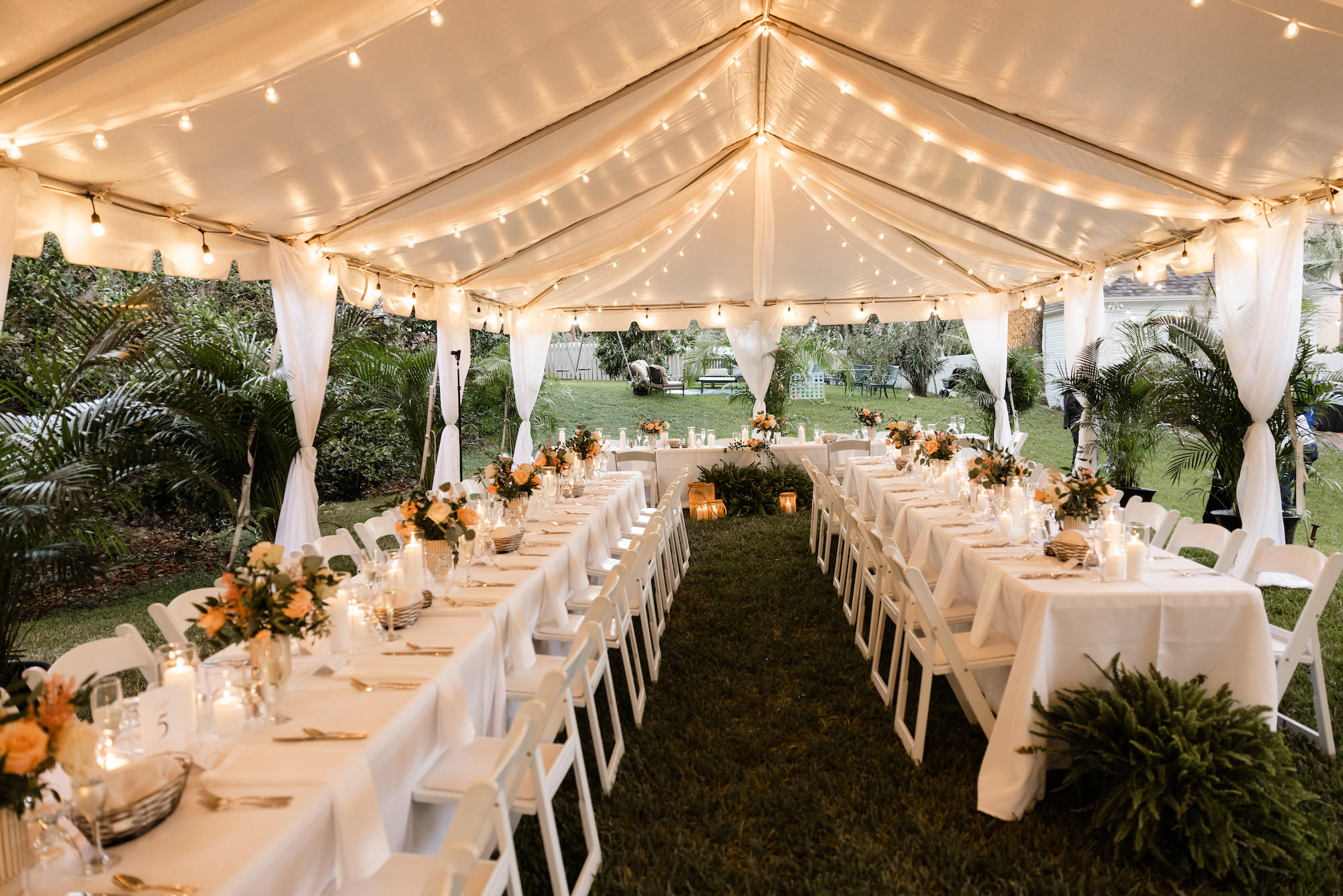 White Tent with Drapery | White Backyard Wedding Reception Ideas