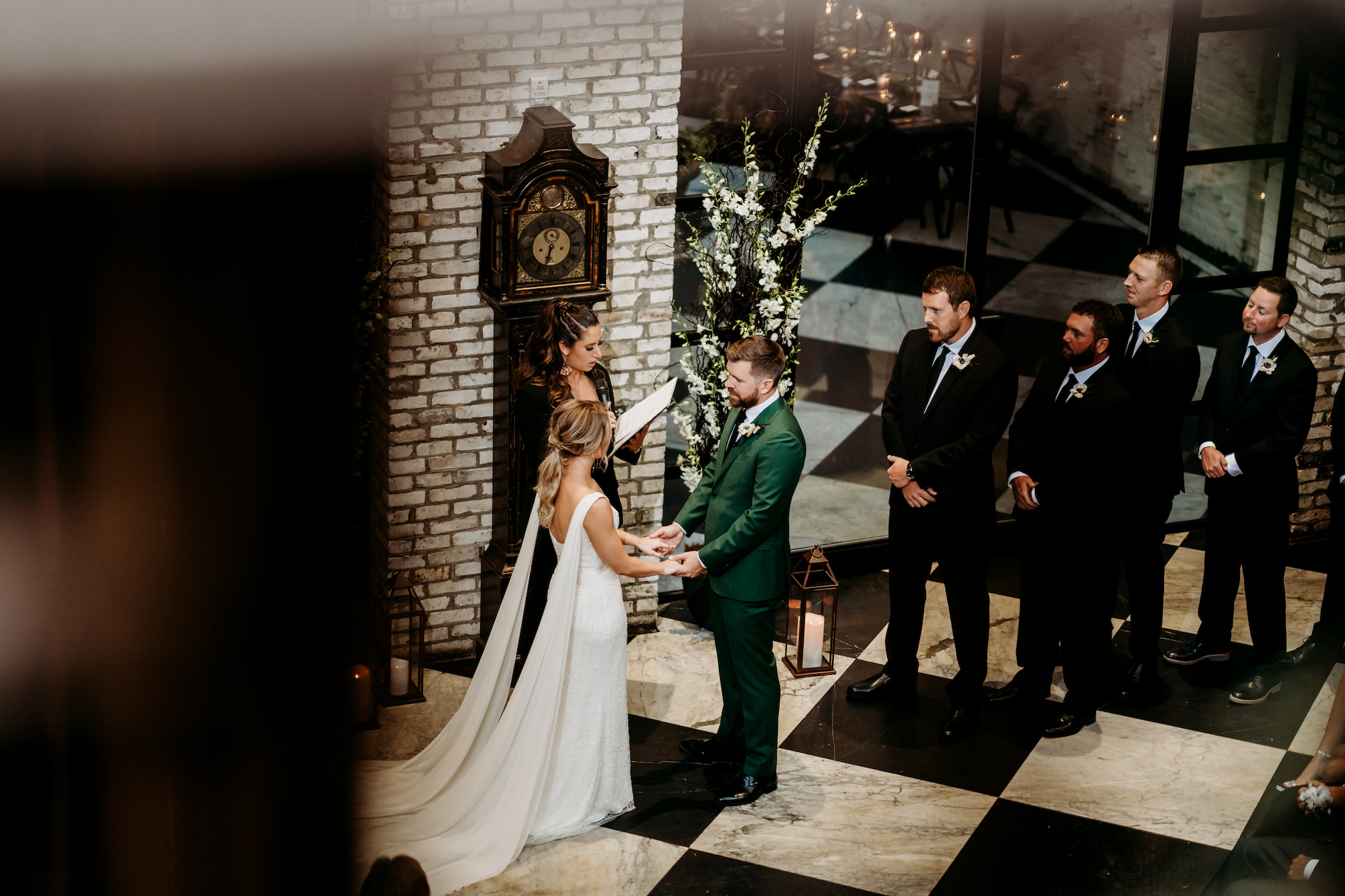 Modern Timeless Indoor Wedding Ceremony on Checkered Floor with Minimalistic Design Details | South Tampa Venue Oxford Exchange | Planner Special Moments