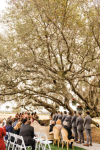 Bride and Groom Exchanging Vows | Grand Oak Tree Wedding Ceremony | Outdoor Nature Inspired Minimalist Decor