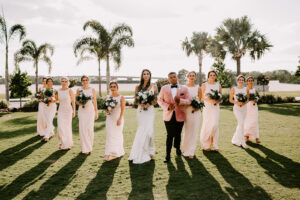 Matching Blush Bridesmaids Dress with Bateau Neckline and Cowl Back Inspiration | Pink Velvet Suit Jacket Man of Honor Wedding Attire Ideas