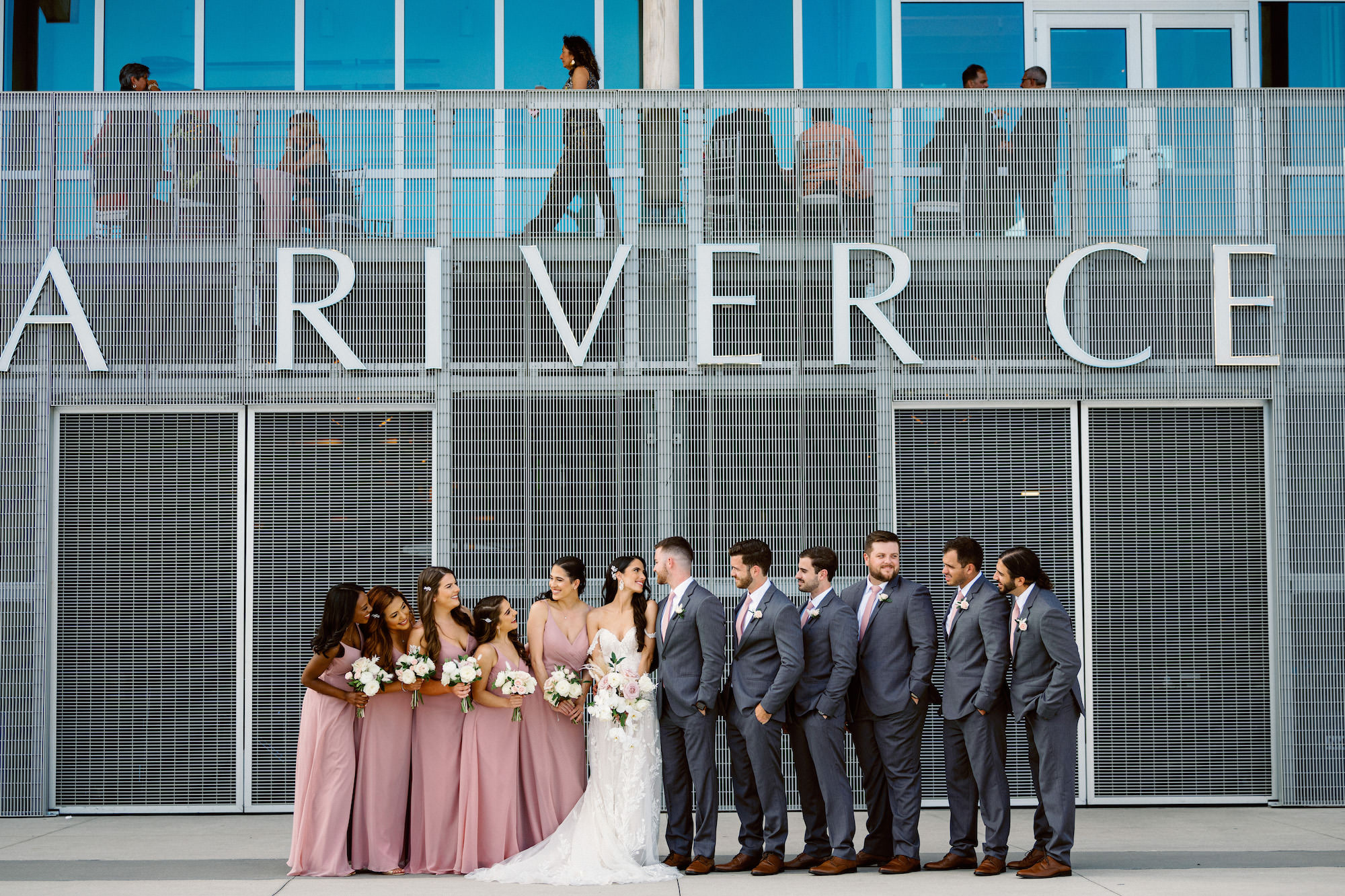Gray Suits and Dusty Rose Matching Bridesmaids Wedding Dress Inspiration