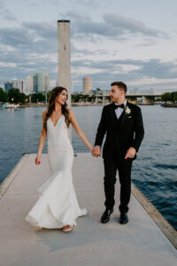 Bride and Groom Dock Sunset Wedding Portrait | Downtown Tampa Riverwalk
