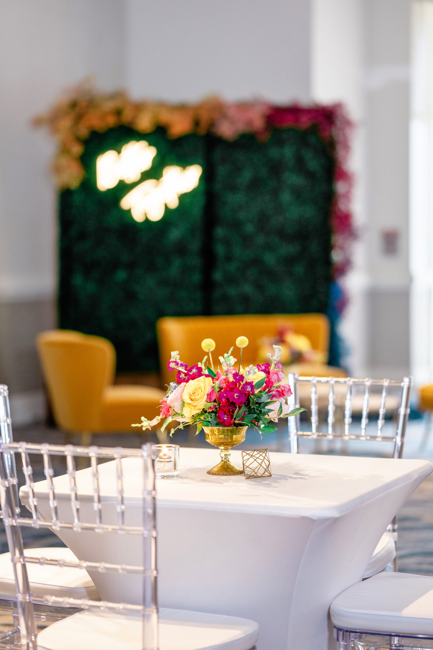 Pink and Yellow Flower Arrangement Centerpiece Ideas | Clear Chiavari Chairs