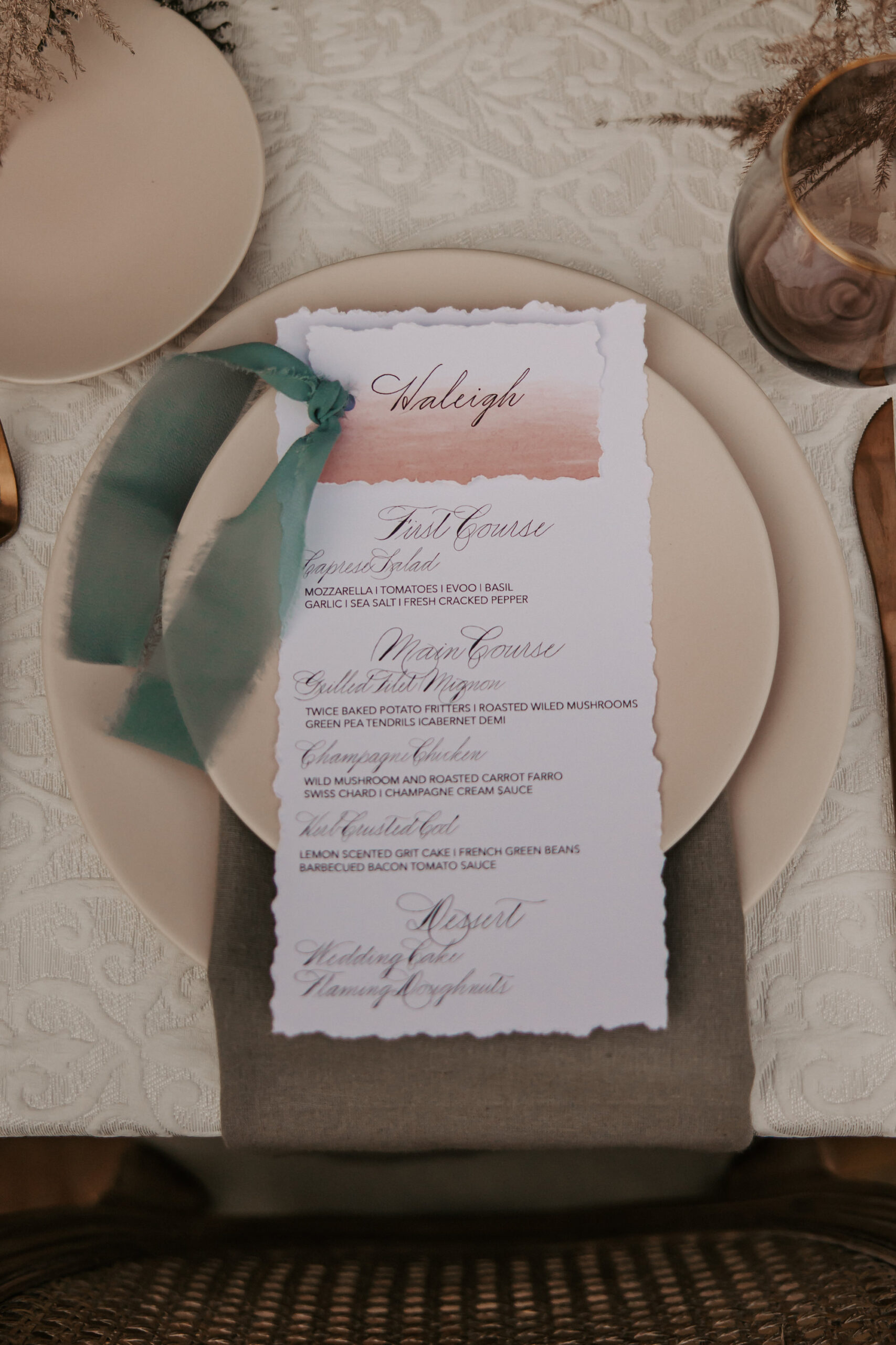 Cream Plating and Charger with Gray Napkins, and Blue and Blush Menu Details for Wedding Place Setting