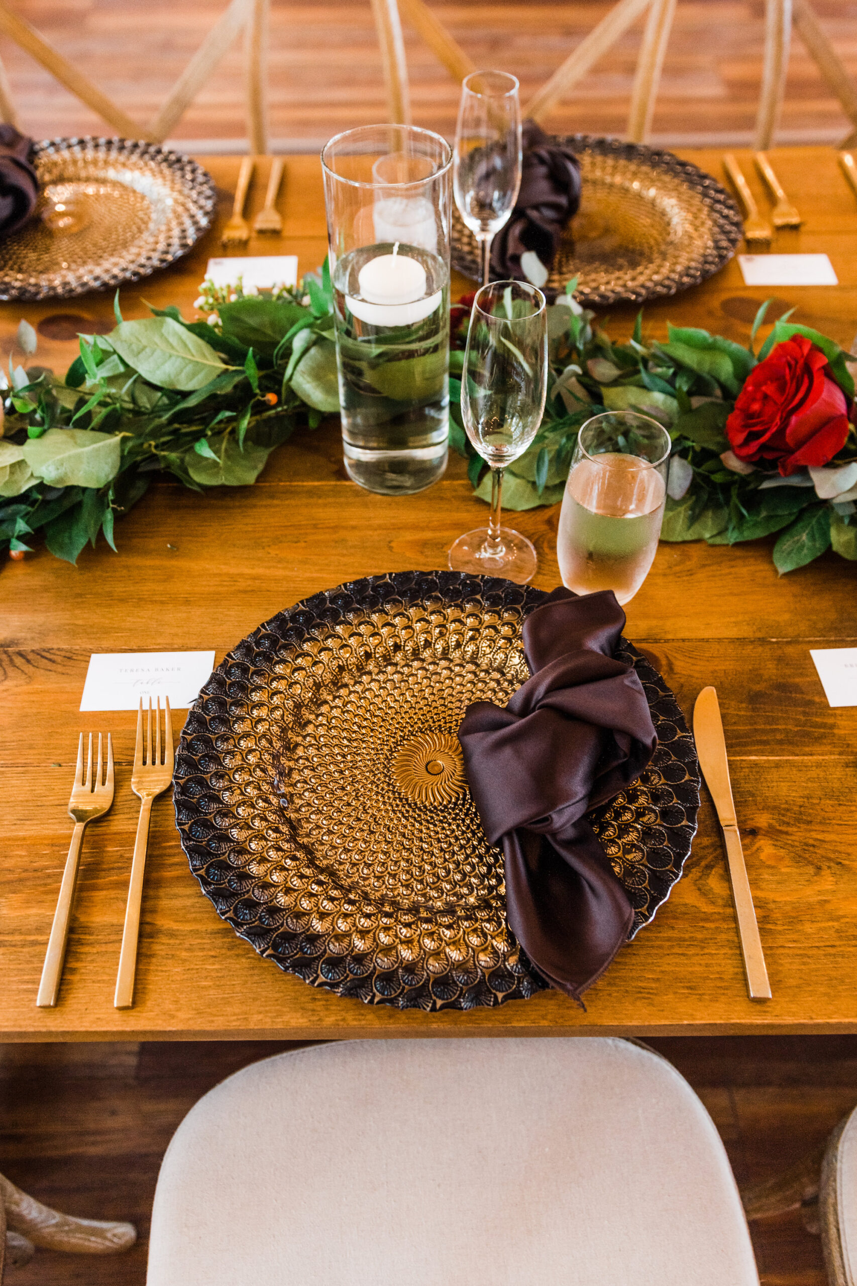 Textured Brown and Gold Chargers with Brown Linen and Gold Flatware Ideas