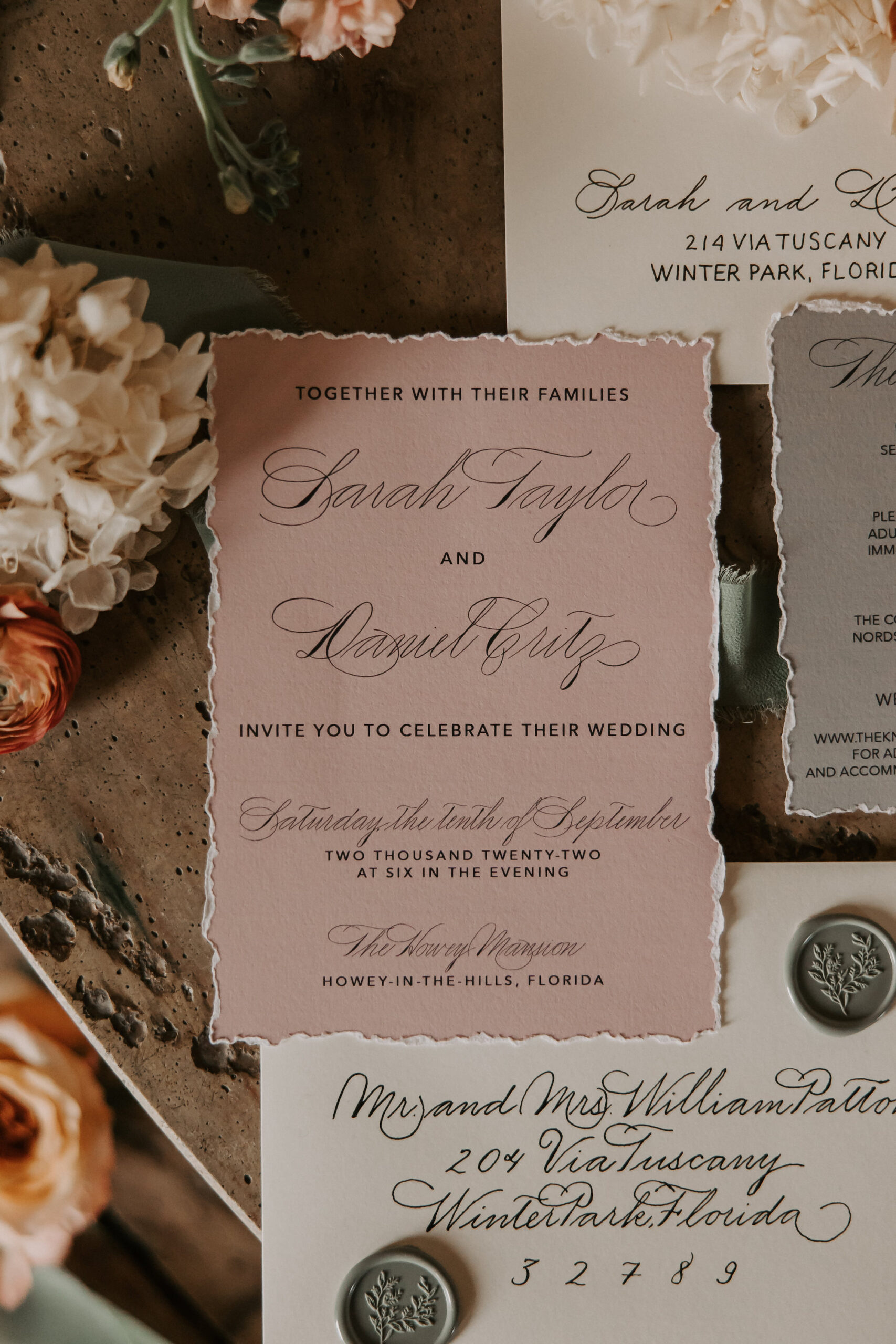 Muted Earth Tone Stationery with Fall Color Florals Wedding Invitations