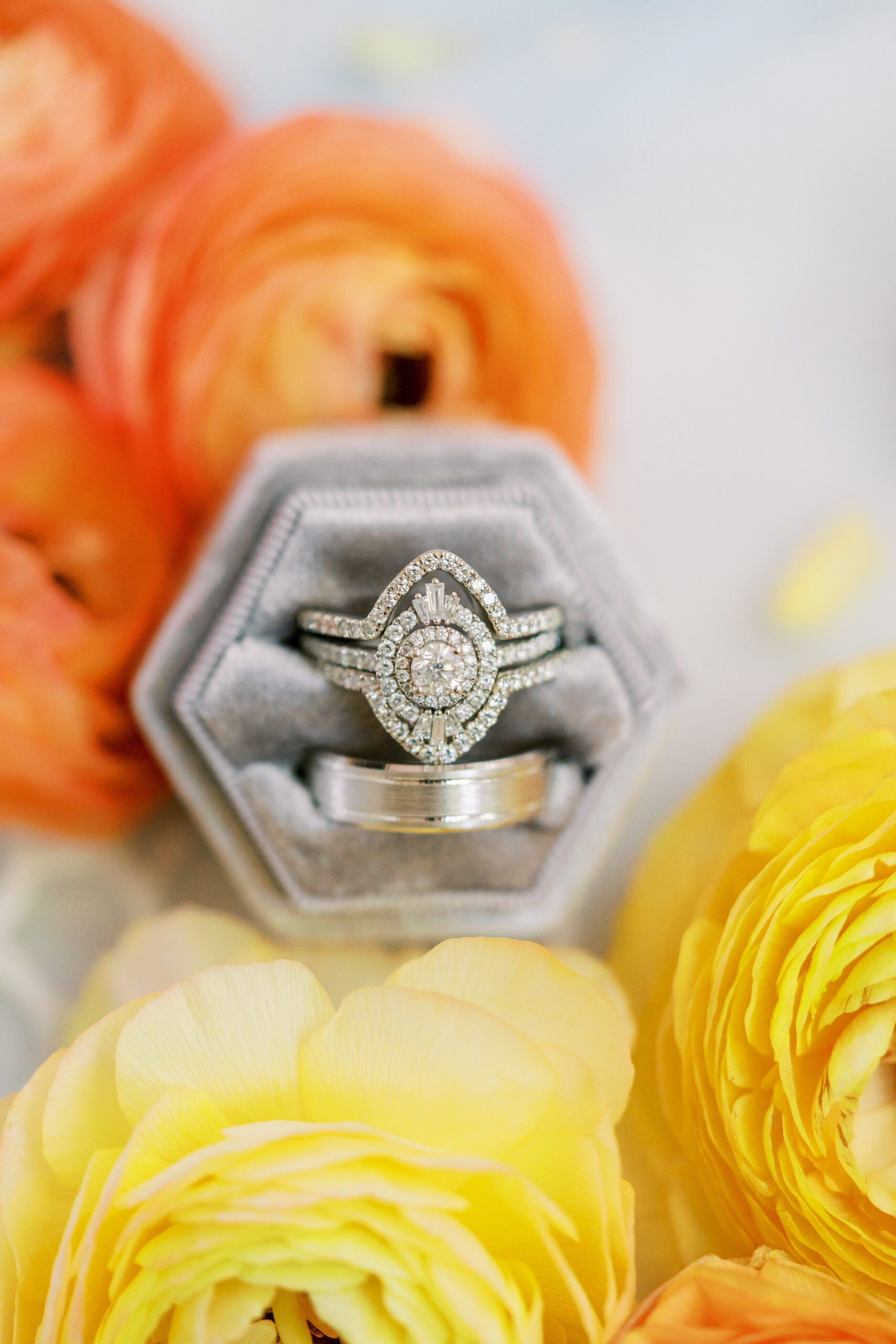 White Gold Round Diamond Halo Engagement Ring Inspiration | Nested Enhancer Wedding Band | Silver Wedding Band Ideas
