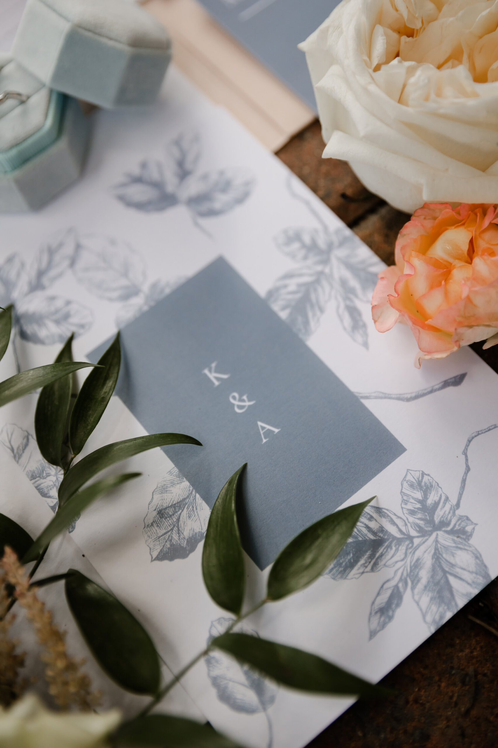 White and Dusty Blue Foliage Invitation Suite Inspiration