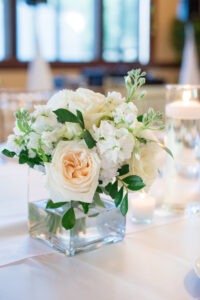 Square Glass Vase with Blush Garden Rose, White snapdragons and Roses with Greenery Centerpiece Ideas
