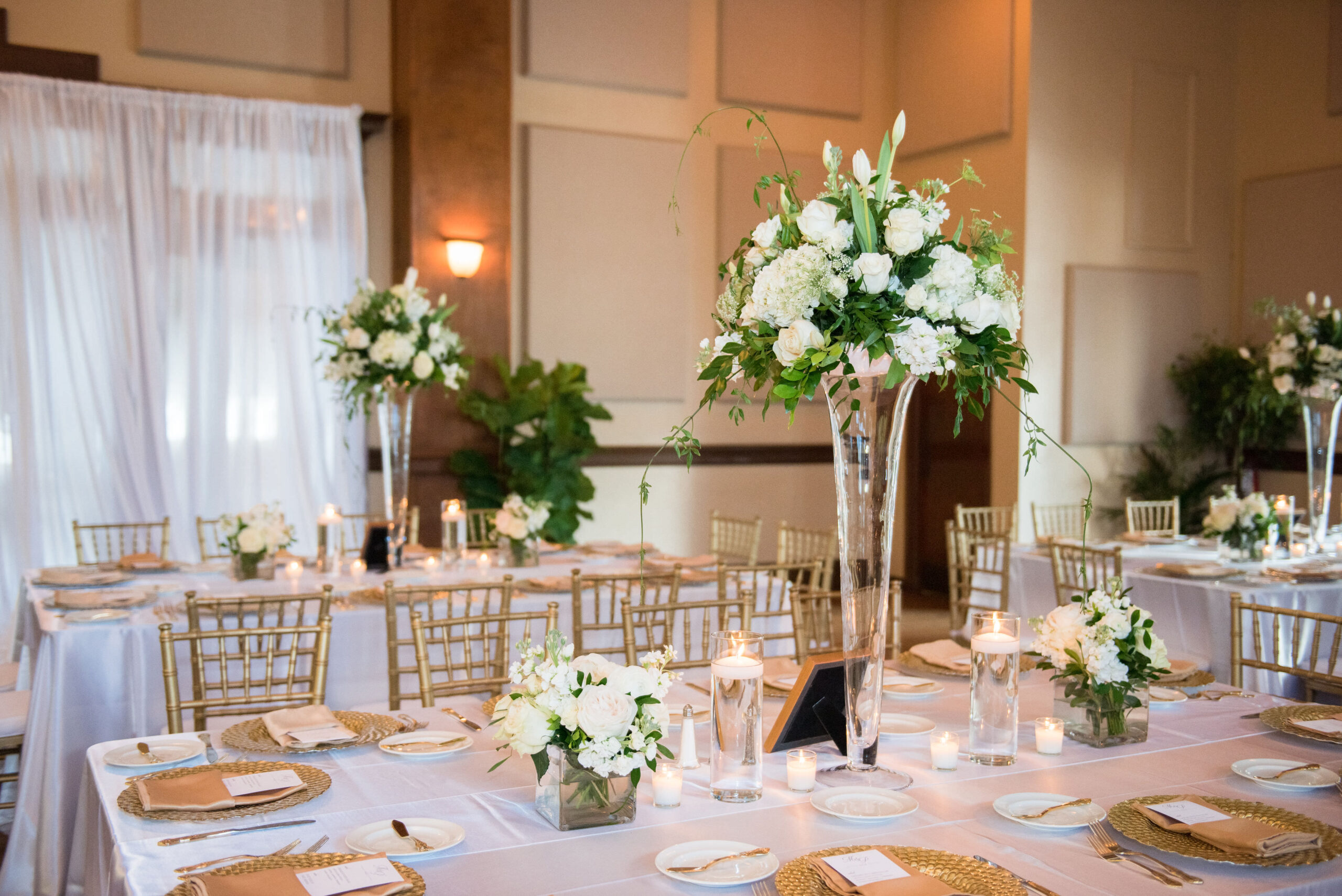 Tall Glass Vase Flower Stand Centerpieces | White Hydrangeas, Roses, and Greenery | Elegant Gold and White Wedding Reception Decor Ideas