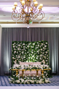 Whimsical Garden White Flower Wall with Greenery Sweetheart Table | White and Gold Wedding Reception Decor Inspiration | St. Pete Florist FH Events