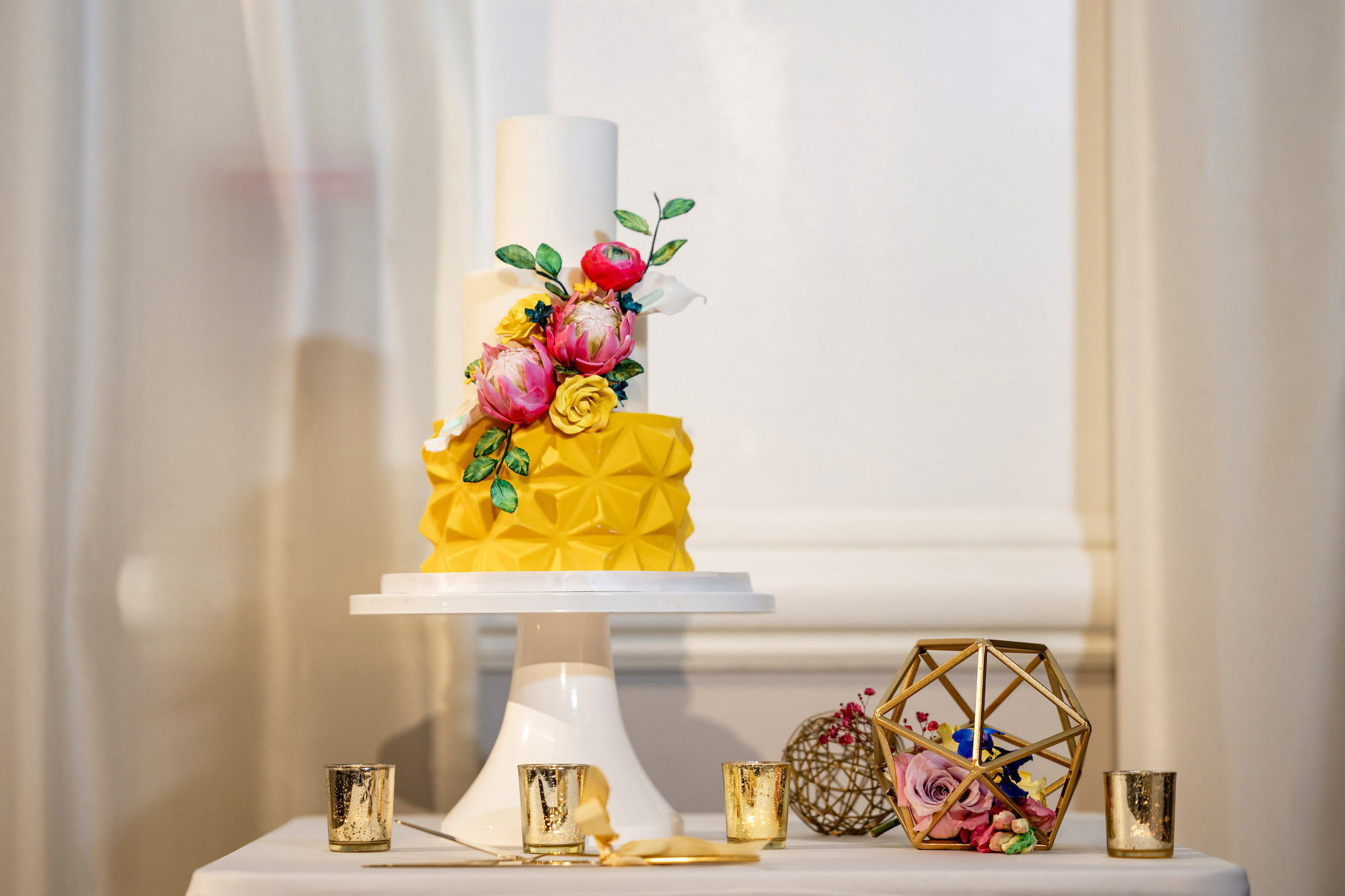 Three-tiered White and Yellow Geometric Wedding Cake Inspiration | Tampa Bay Cake Company