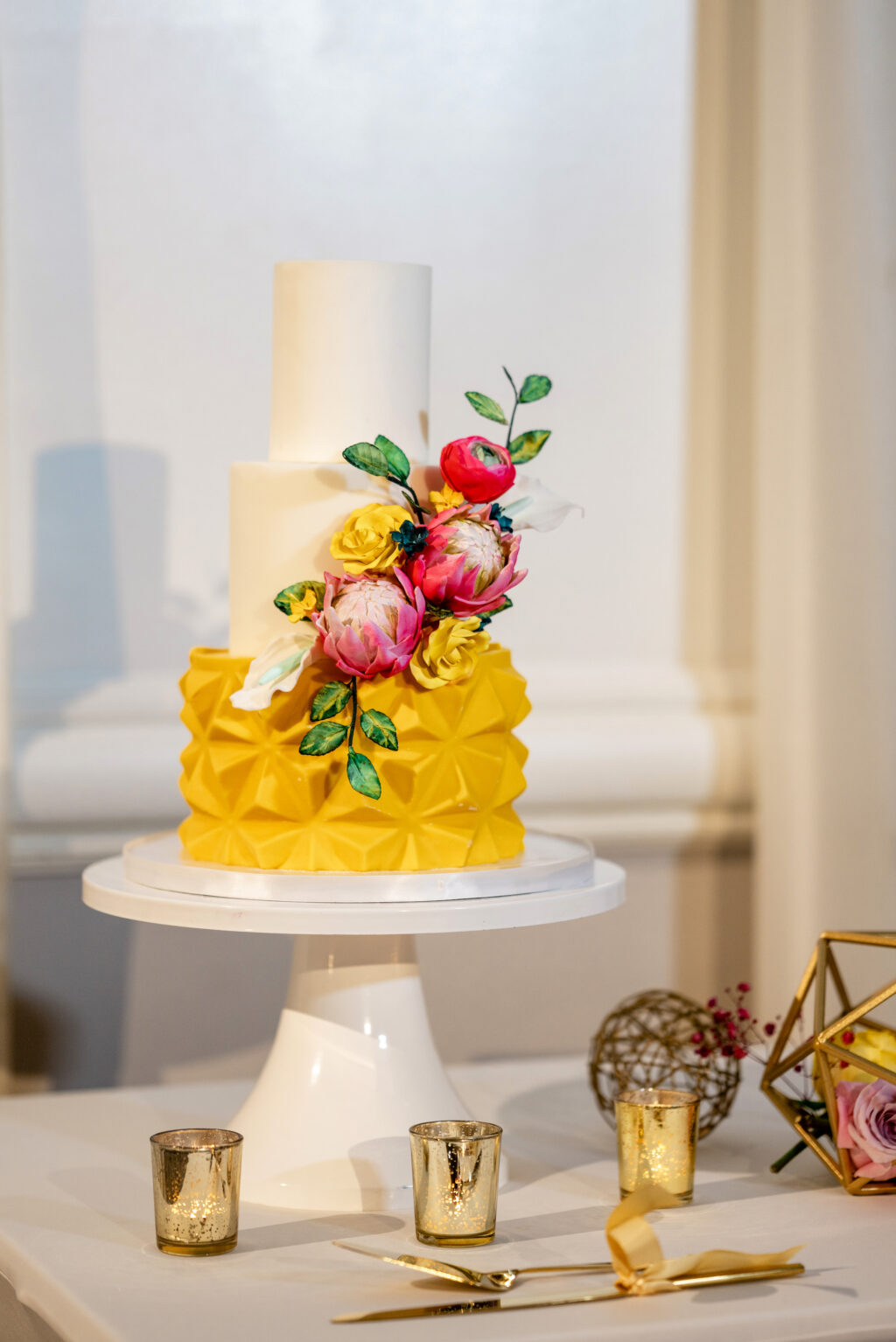 Three-tiered White and Yellow Geometric Wedding Cake Inspiration | Tampa Bay Cake Company