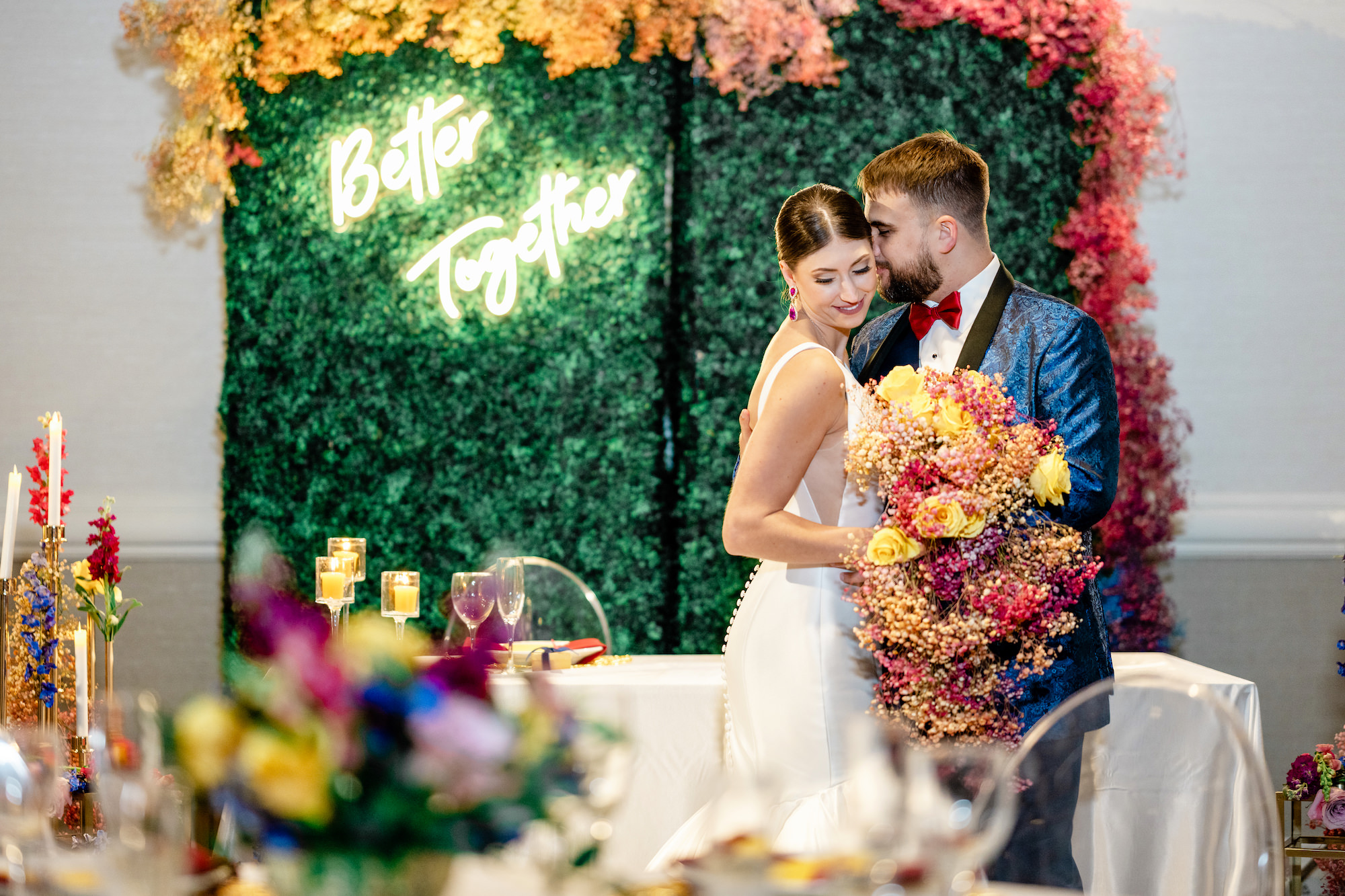 Better Together Neon Sign Greenery Backdrop | Whimsical Colorful Wedding Inspiration | Tampa Bay Planner Eventfull Weddings