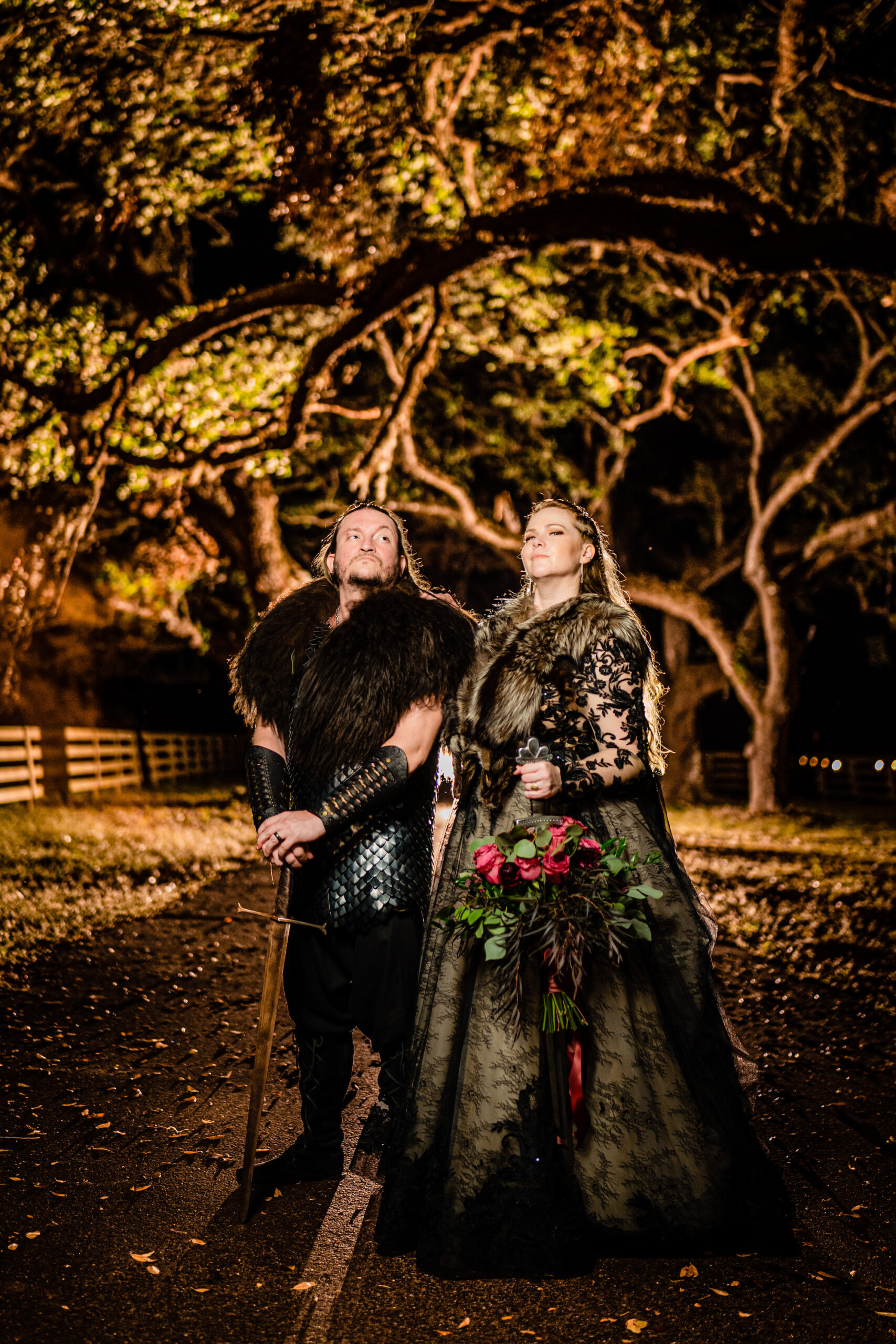 Majestical Viking Bride and Groom Nighttime Dark and Moody Wedding Portrait