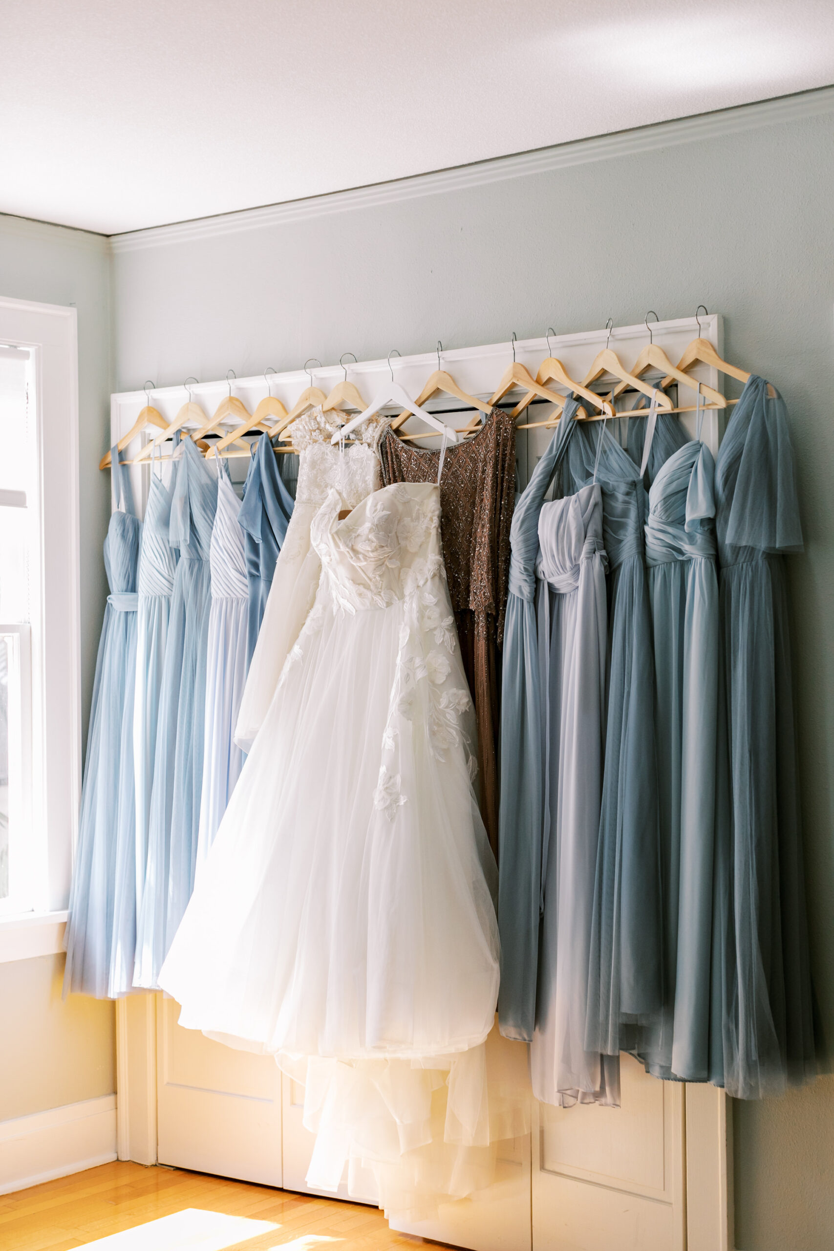 Mismatched French Dusty Blue Bridesmaids Dress Ideas | White A-Line Strapless Wedding Dress Inspiration