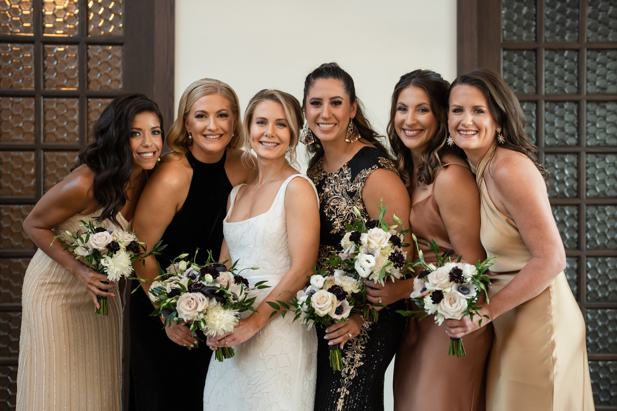 Bride and Bridesmaids in Shades of Neutral and Brown Mis=Matched Bridesmaids Dresses Ideas