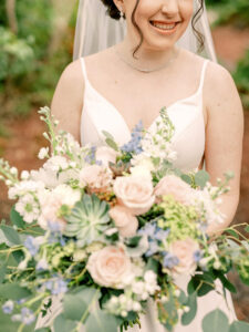 Rustic Boho Chic Bridal Wedding Bouquet Inspiration | Blue Snapdragons, Succulants, Blush Pink Roses
