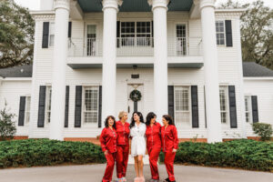 Red Long Sleeve Satin Pajamas Ideas | Bride and Bridemaids Getting Ready Wedding Portrait
