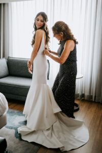 White Spaghetti Strap Mermaid Sarah Seven Wedding Dress Ideas| Bride Getting Ready Wedding Portrait