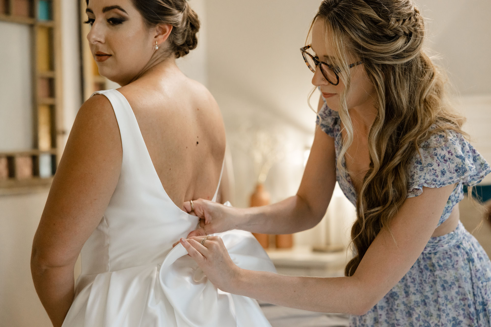 Bride and Bridesmaids Getting Ready | Satin Open-back A-Line Wedding Dress with Bow