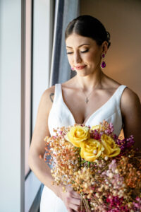 Orange and Pink Baby's Breath, Yellow Roses Wedding Bouquet | Tampa Bay Florist Save the Date Florida | Hair and Makeup Artist Adore Beauty