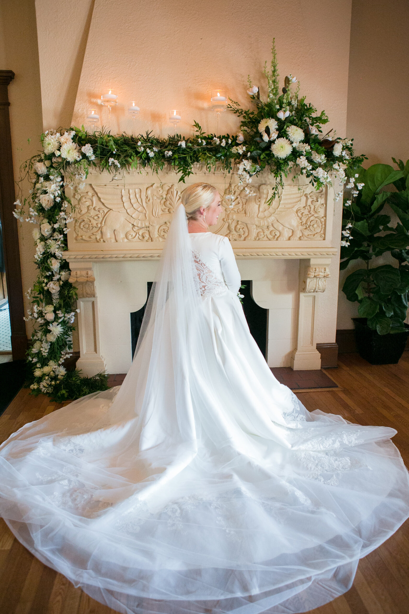 Classic Ivory Chiffon Long Sleeve Deep V-Neckline with Lace Applique A- Line Ballgown Wedding Dress Inspiration