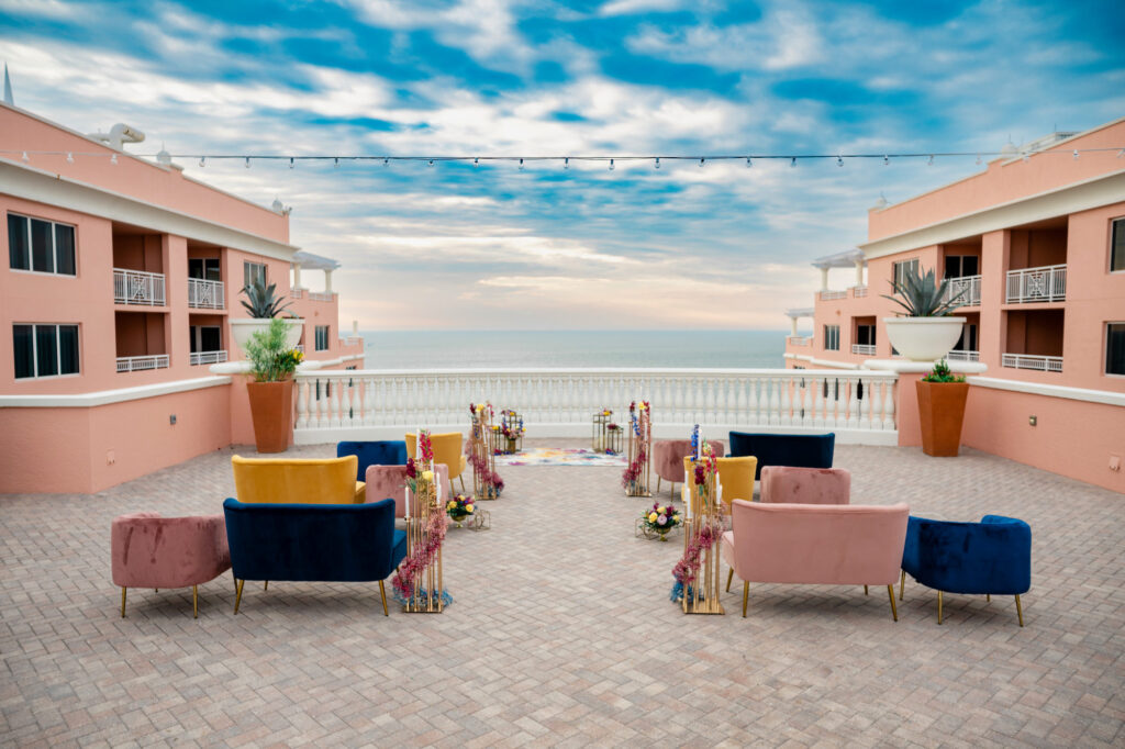 Vibrant Colorful Upholstered Lounge Furniture Wedding Ceremony Seating Ideas | Rooftop Waterfront Wedding Ceremony | Tampa Bay Venue Hyatt Clearwater Beach | Rental Gabro Event Services