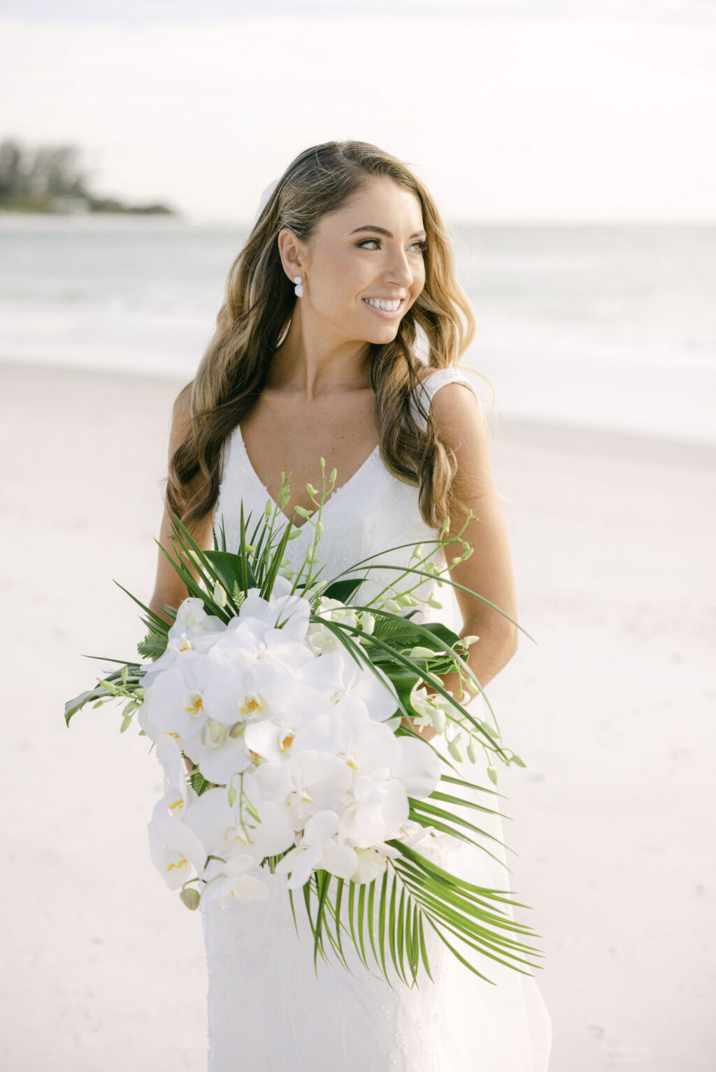 White Orchid and Palm Leaf Tropical Bridal Wedding Bouquet Inspiration | Sarasota Florist Beneva Weddings and Events