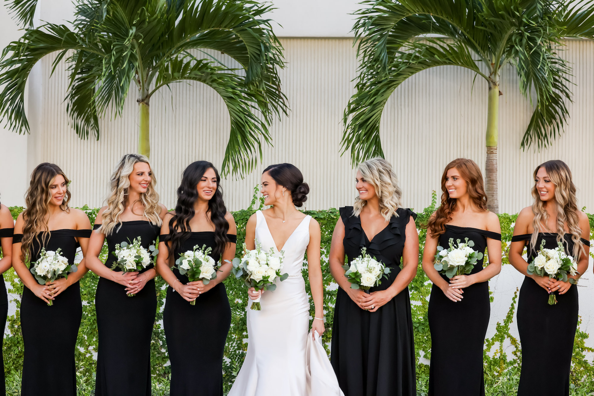 Bride and Bridesmaids in Black Floor Length Dresses Wedding Portrait Inspiration | St. Pete Wedding Photographer Lifelong Photography
