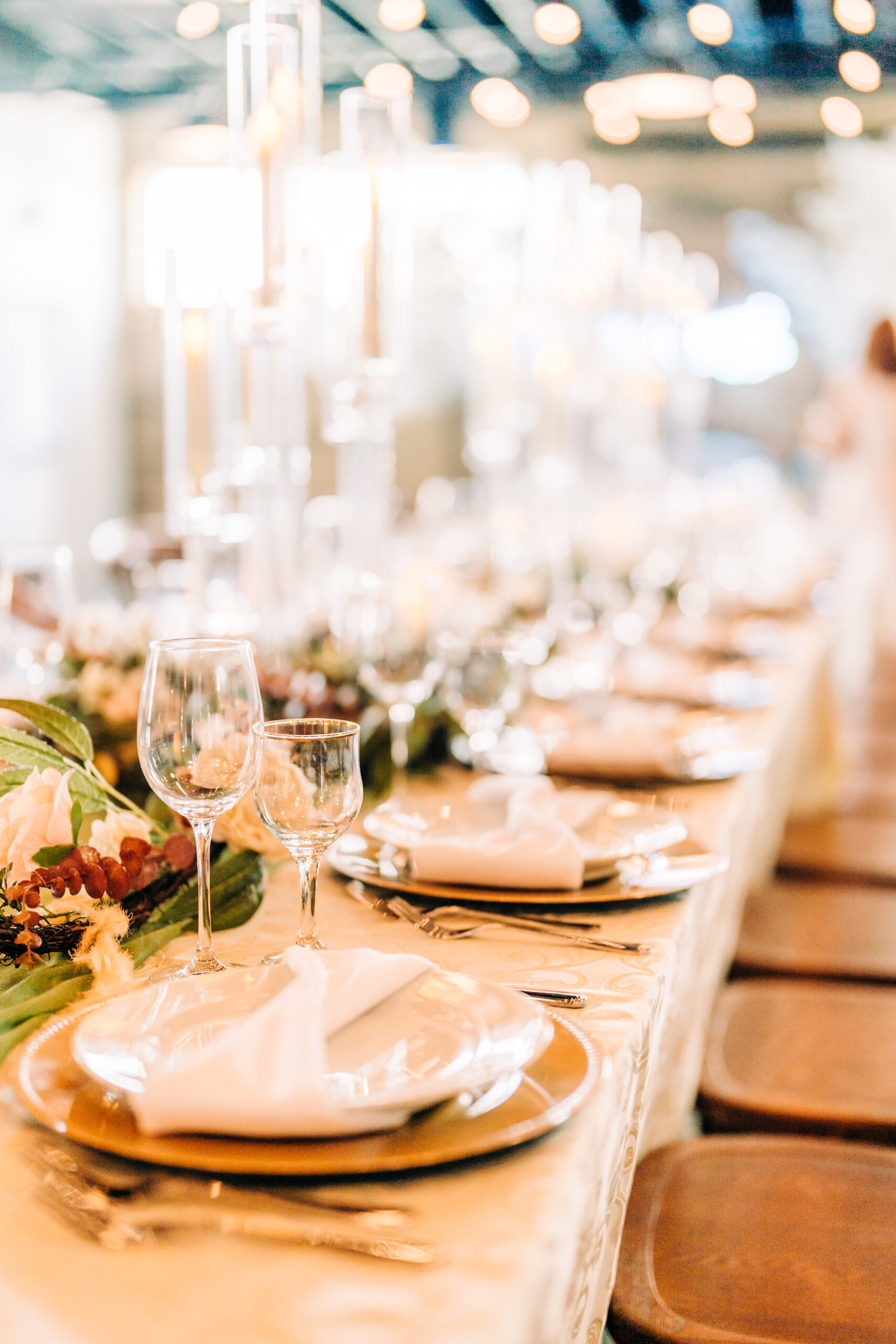 Gold Chargers and Flatware Table Setting Ideas | Elegant Wedding Tablescape Inspiration | Tampa Bay Rental Elite Events Catering