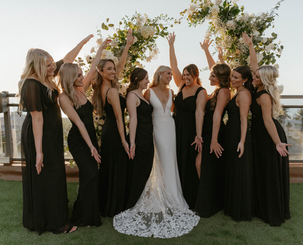 Bride with Bridesmaids in Black Floor Length Mix and Match Bridesmaid Dresses Wedding Portrait