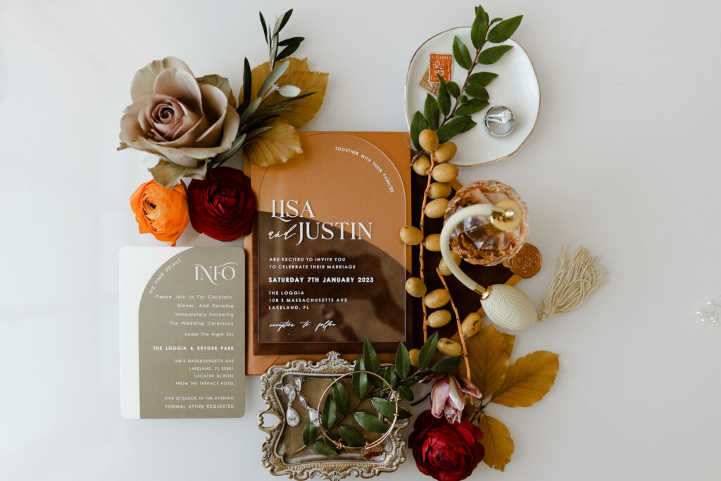 Boho Acrylic Arch Wedding Invitation Suite | Taupe and Rust Fall Winter Wedding Inspiration