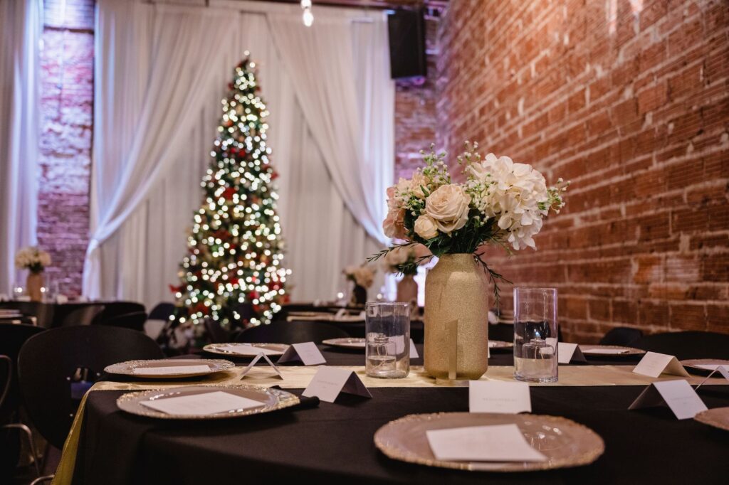 Gold and Black Wedding Place Setting and Centerpiece Reception Ideas