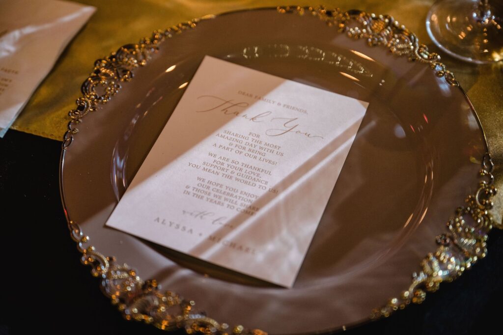 Vintage Charger with Gold and White Classic Menu Inspired | Great Gatsby 1920s Reception Decor Inspiration