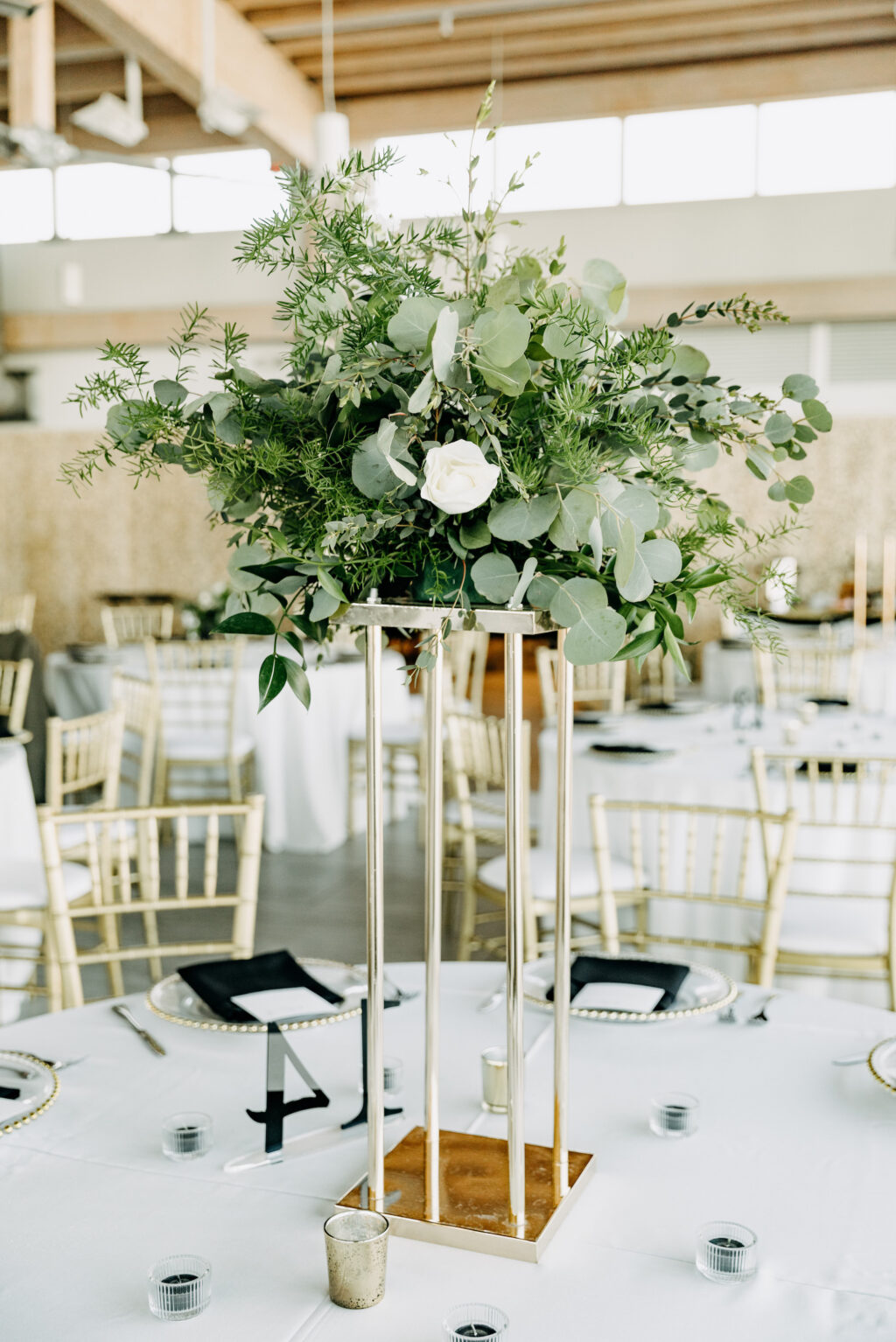 Tall Gold Flower Stand with Greenery and White Rose Centerpiece | Wedding Reception Decor Inspiration