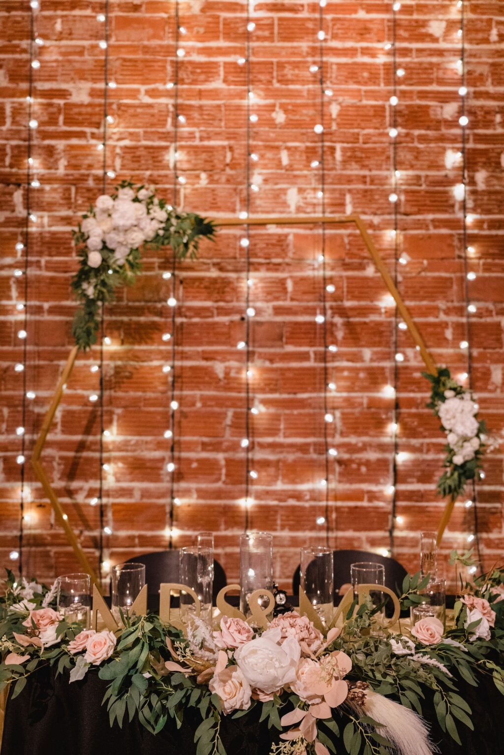 Wedding Lighting Inspiration with Greenery and White Florals Wedding Reception Sweetheart Table Decor Ideas