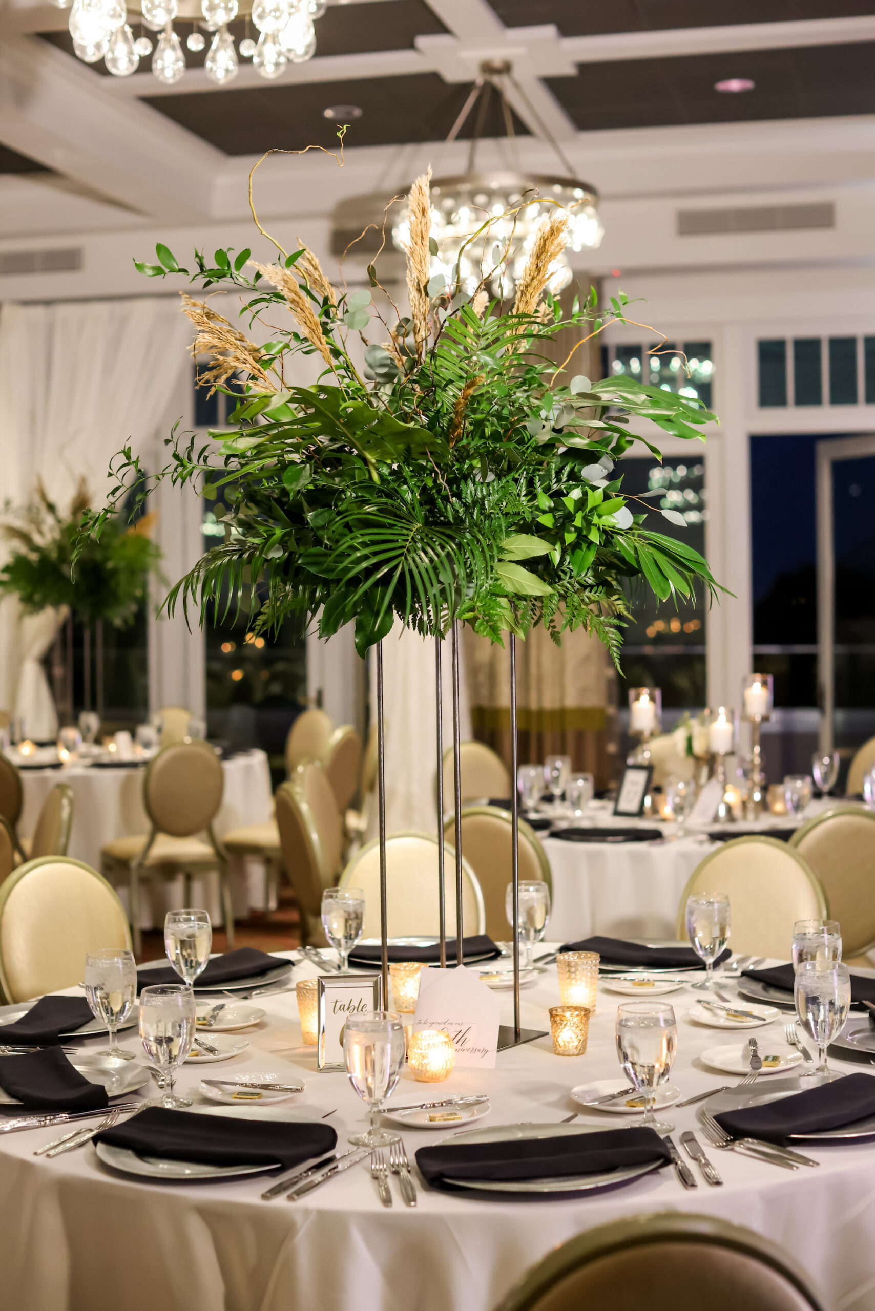 Classic Wedding Reception Ballroom with Cream and Gold Chairs and Tall Greenery Centerpieces Ideas | Downtown St. Pete Venue The Birchwood