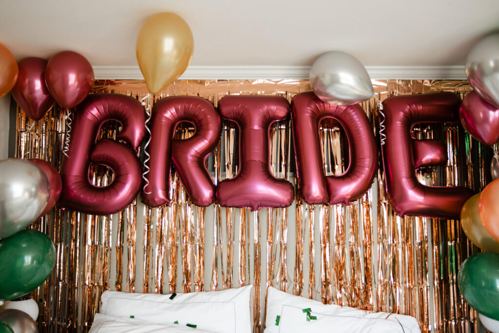 Maroon Bride Balloon Backdrop | Getting Ready Before Wedding Room Decor Ideas