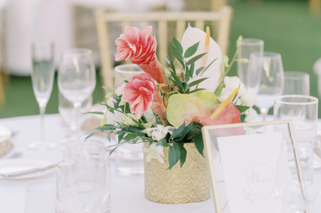 Pink Torch Ginger Flower with Ruscus and Anthurium Floral Centerpiece Ideas | Sarasota Florist Beneva Weddings and Events