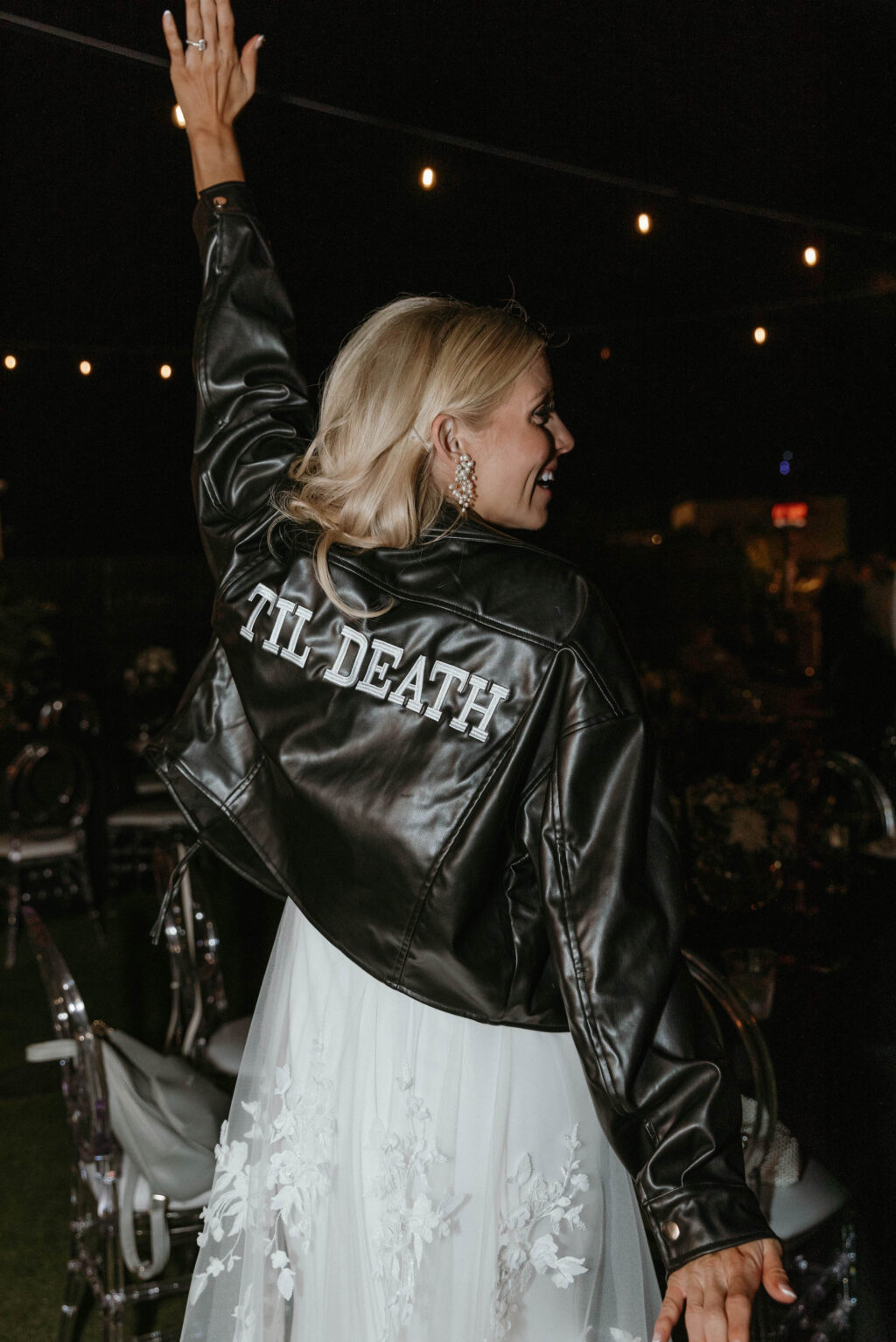 'Til Death Bridal Leather Jacket After Party Reception Look Ideas