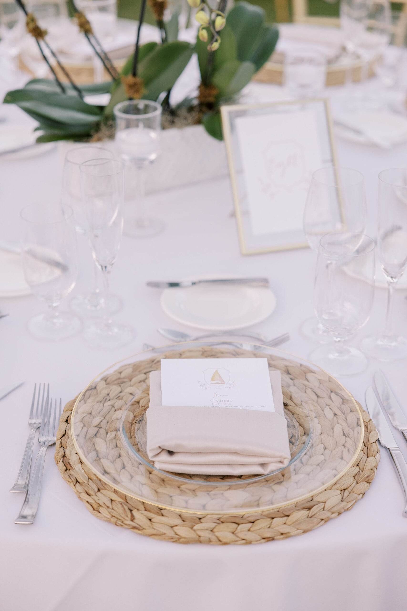 Hyacinth Placemat | Gold Rimmed Charger | Neutral Napkin Linen | Boho White Florida Wedding Reception Inspiration