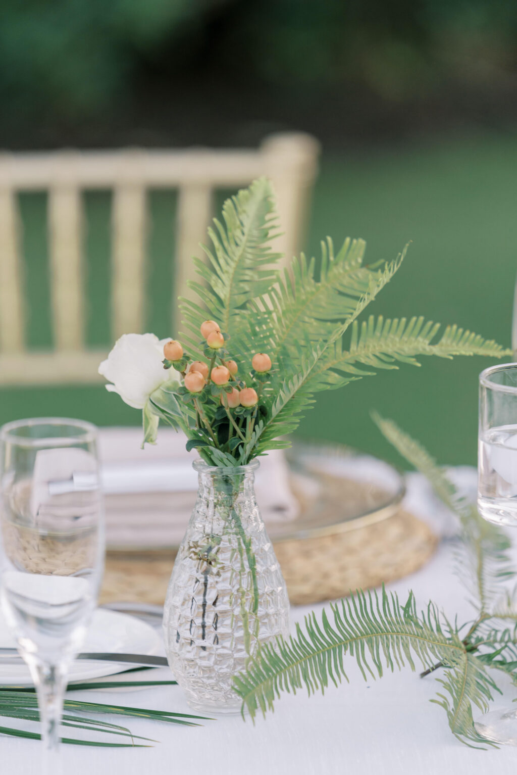 Orange Hypernicum Berry with Fern Wedding Reception Table Centerpiece Ideas | Sarasota Florist Beneva Weddings and Events