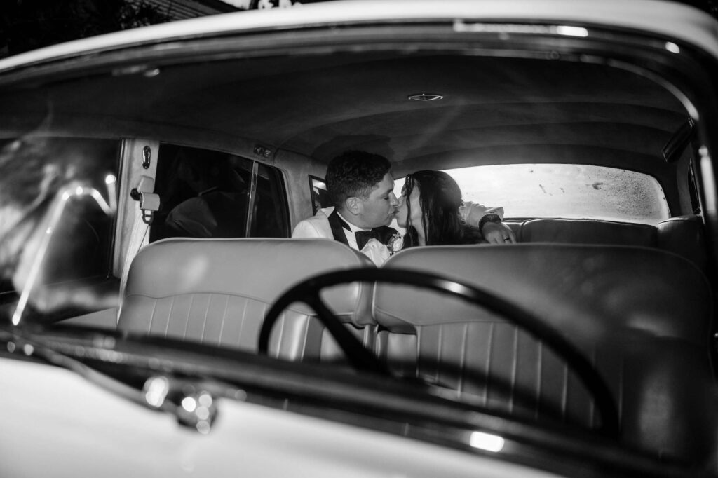 Bride and Groom Rolls Roycew Vintage Car Wedding Exit Portrait 1920s Great Gatsby Inspired Theme