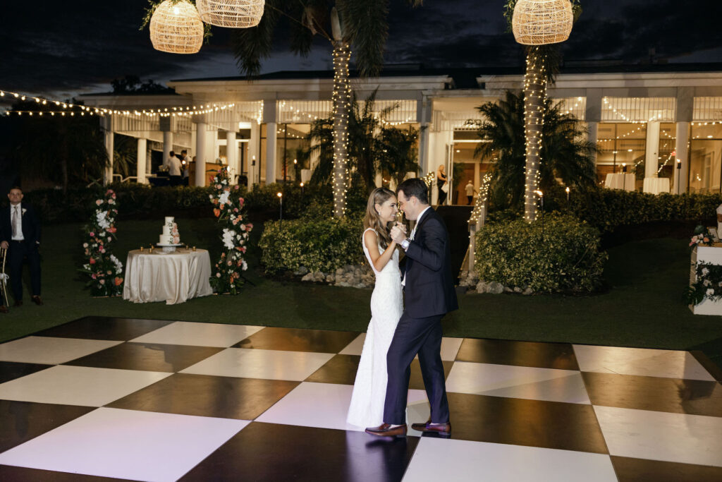 Black and White Dance Floor | Bride and Groom First Dance Wedding Portrait | Sarasota Venue The Resort at Longboat Key Club