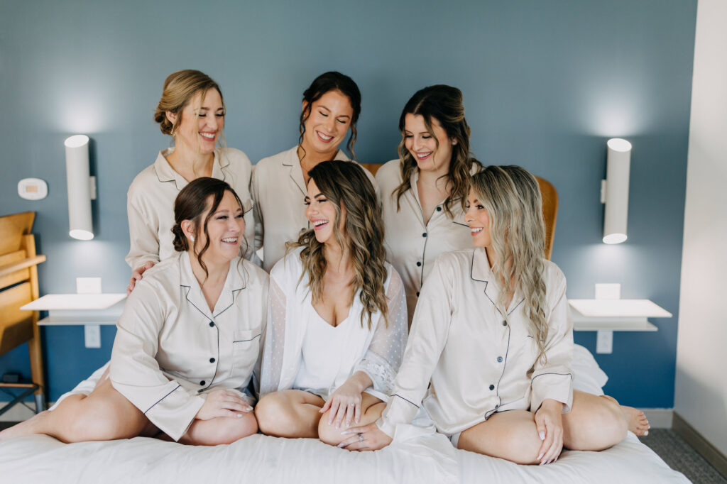 Bride and Bridesmaids Getting Ready Wedding Portrait | Matching Champagne and Black Pajamas Inspiration | Tampa Bay Hair and Makeup Artist Femme Akoi Beauty Studio