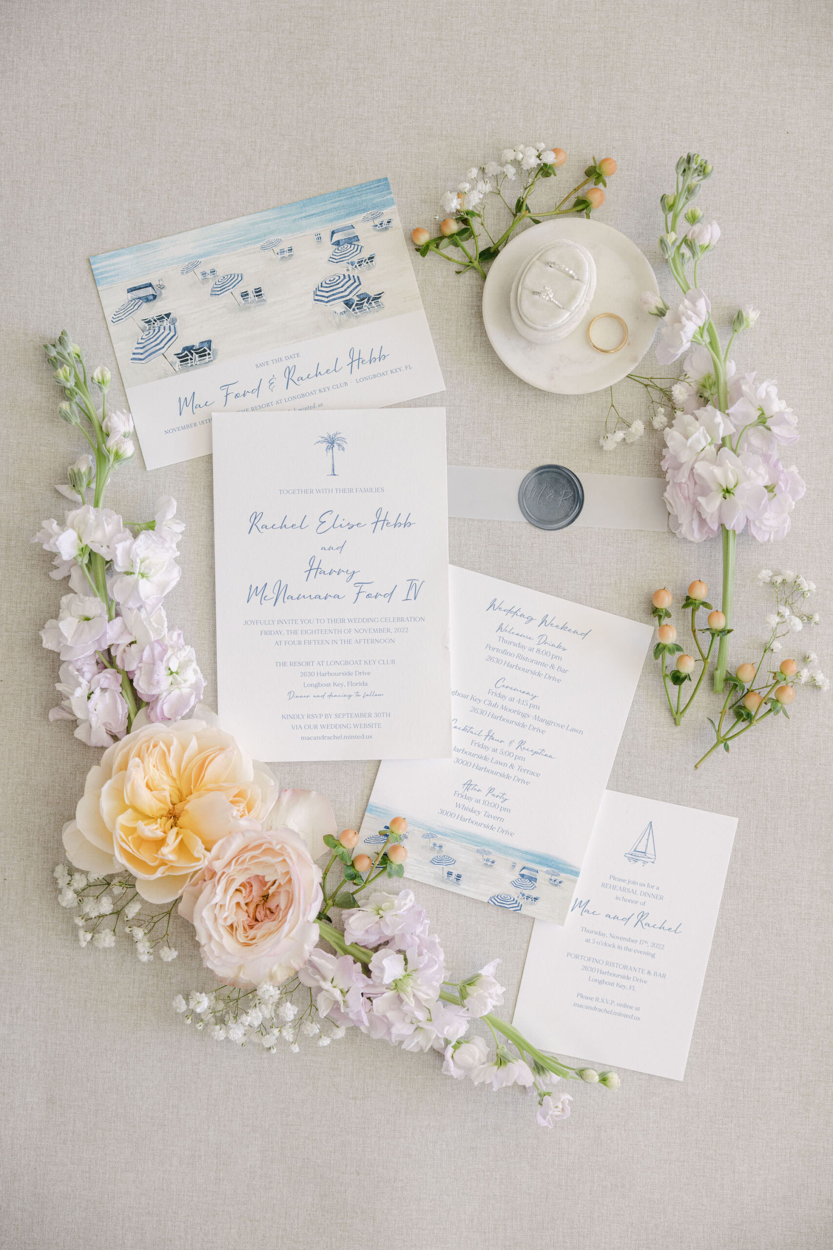 Tropical Beach Palm Tree Dusty Blue and White Wedding Invitation Suite Ideas